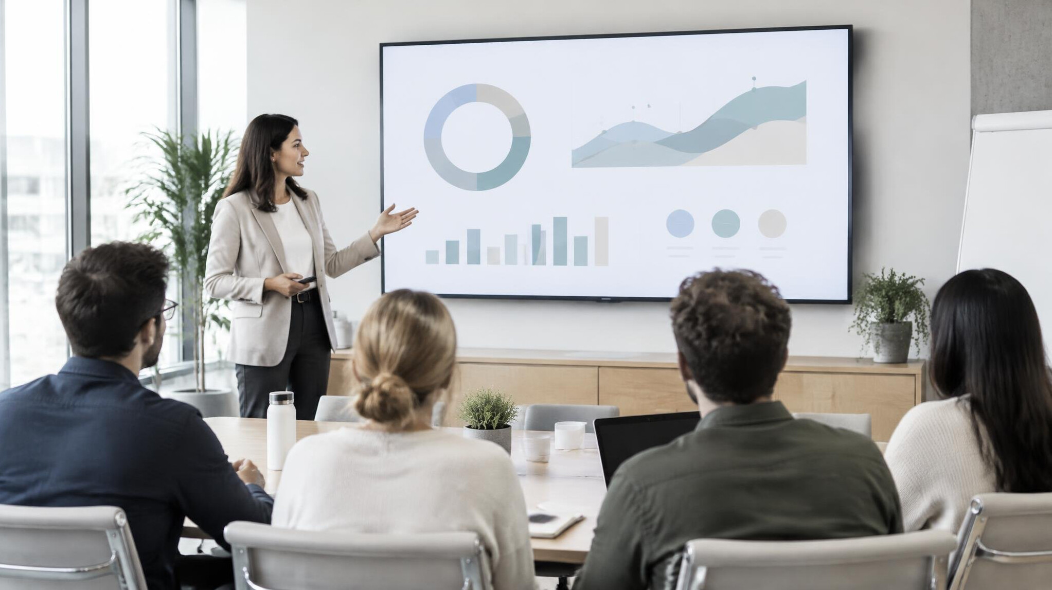 Presentation in a modern meeting room with a screen and attendees
